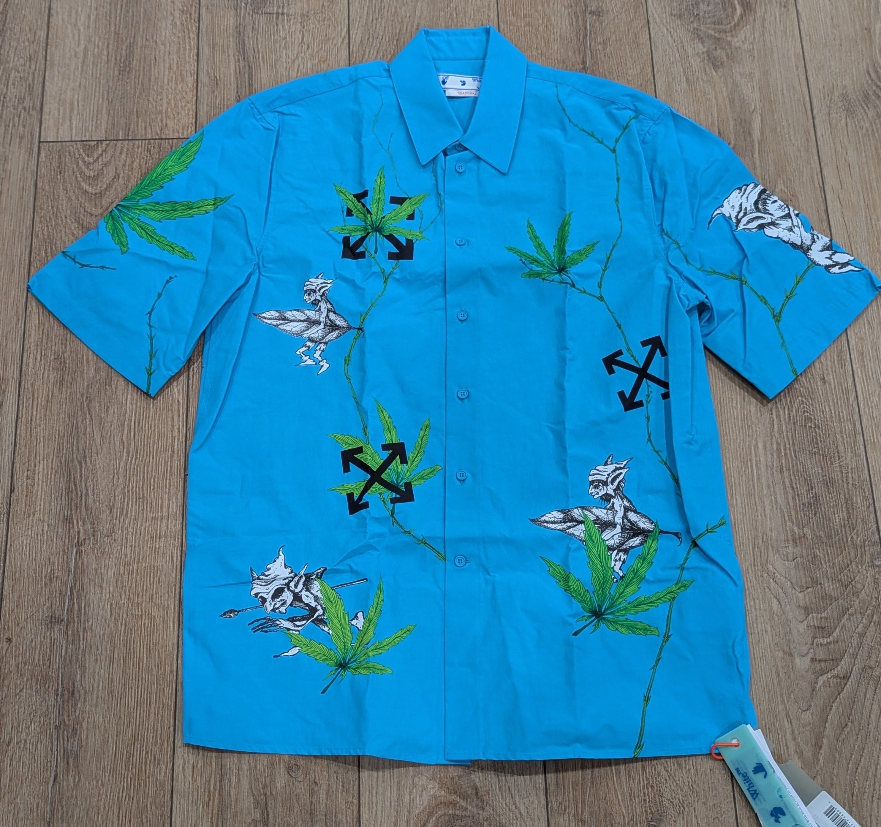 OFF-WHITE Leaf Print SS Button Up Shirt Teal Medium