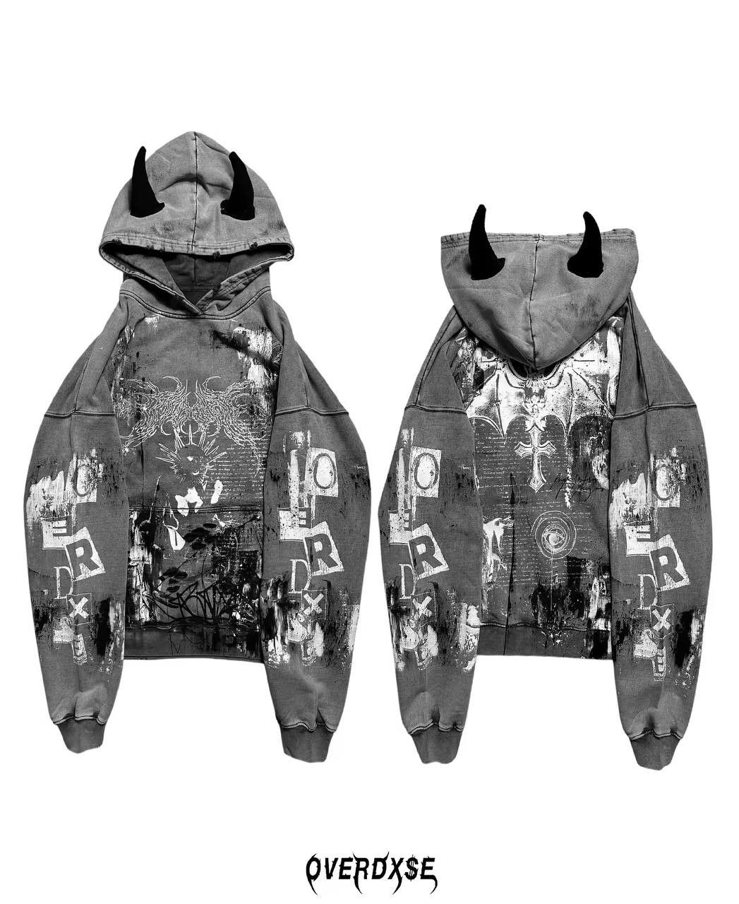 Japanese Brand × Vintage hoodie with a print and horns on the hood Size US L / EU 52-54 / 3 - 2 Thumbnail