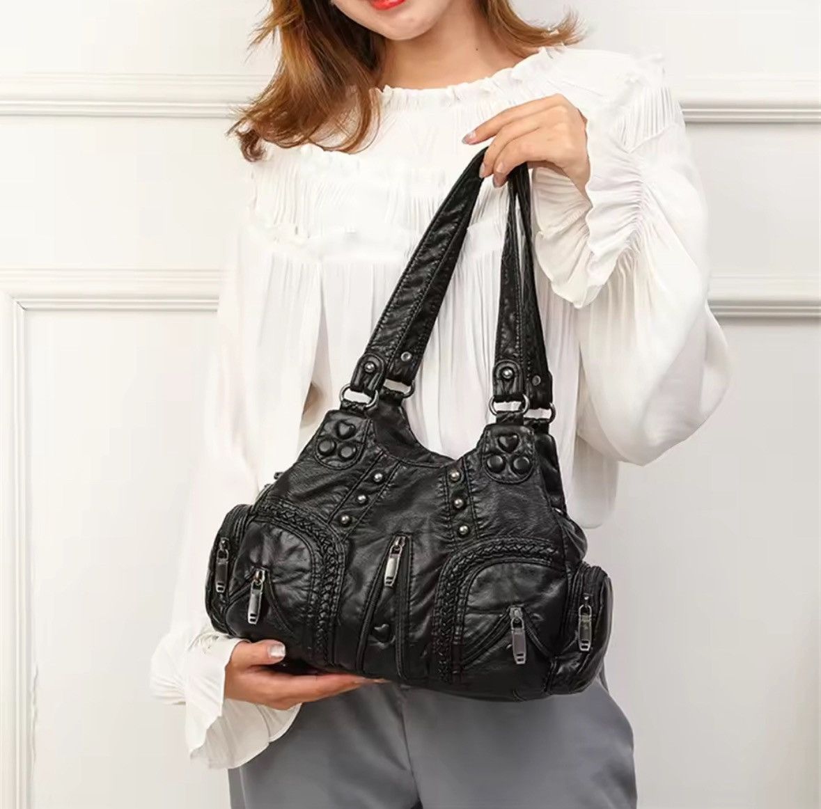 Japanese Brand Leather Tote Bag Large Capacity Rivet Motorcycle Handbag Size ONE SIZE - 1 Thumbnail