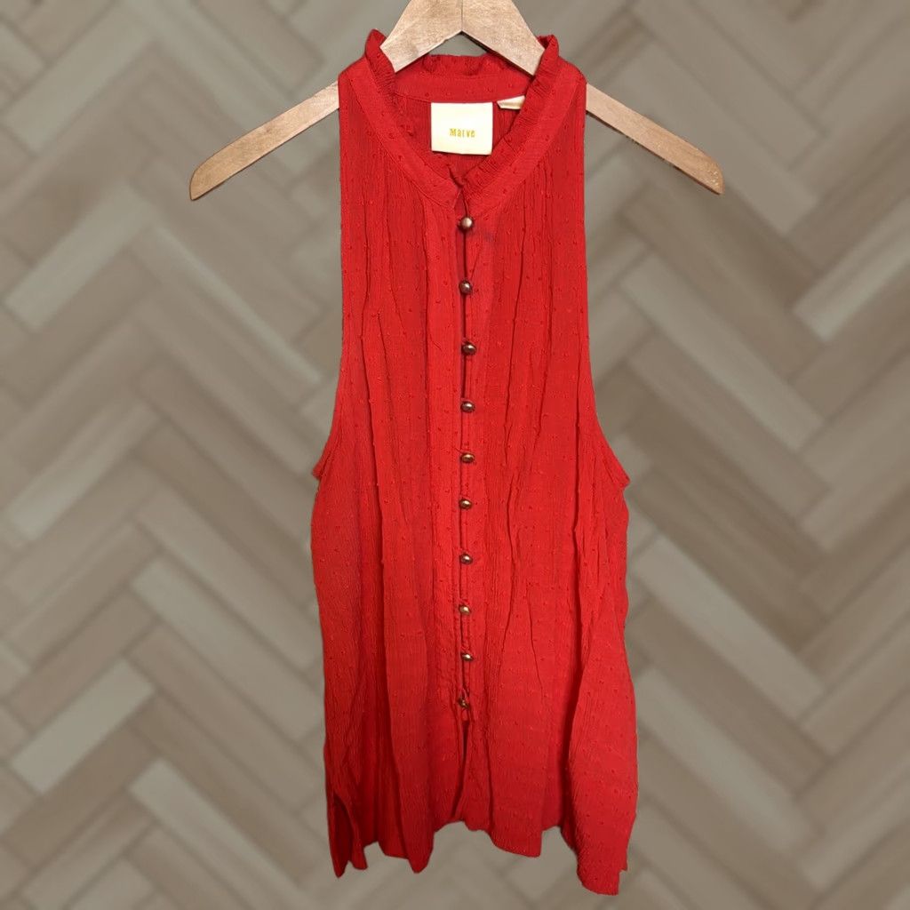 Vintage Maeve Blouse Shirt Woman Regular Medium Red V-Neck Button Front Sleeveless Paisley Flutter Sleeve Par K Casual Tunic 27” Length Size M / US 6-8 / IT 42-44 - 1 Thumbnail