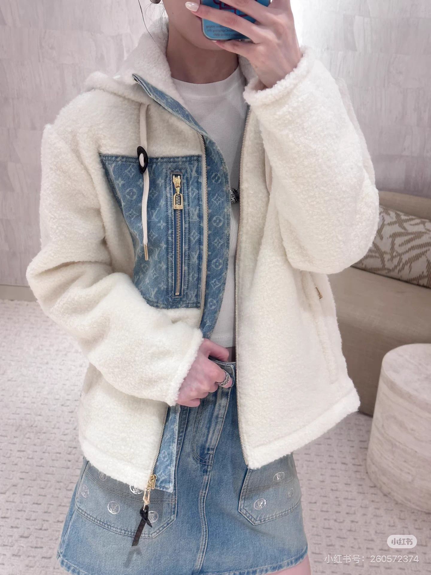 Louis Vuitton LV hooded jacket white teddy lamb wool denim blue logo Size XXS / US 00 / IT 34 - 9 Thumbnail