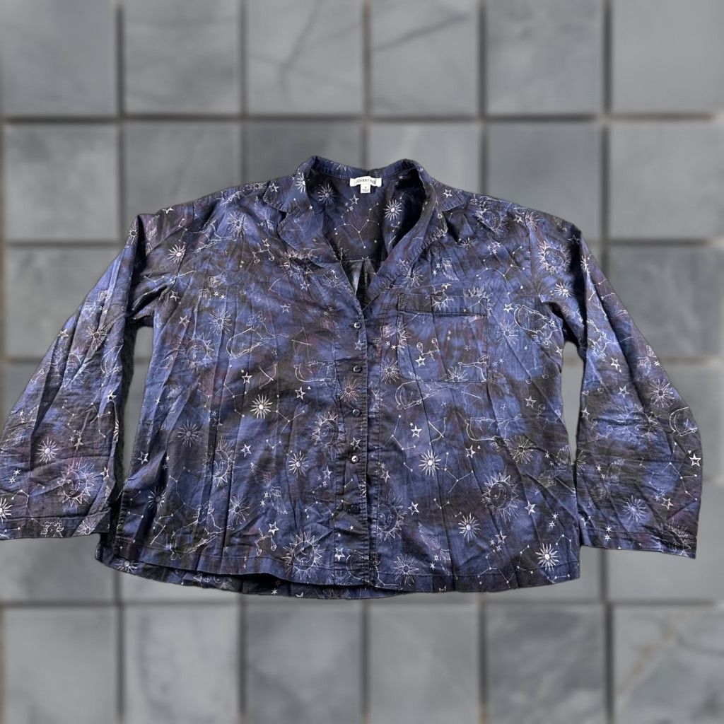 Johnny Was Johnny Was Bejewel Sleep Pajama Shirt Womens S Navy Button Front Long Sleeve Shirt All Season Womens S Blue Stars Graphic Print Cotton Vintage No Size S / US 4 / IT 40 - 1 Thumbnail