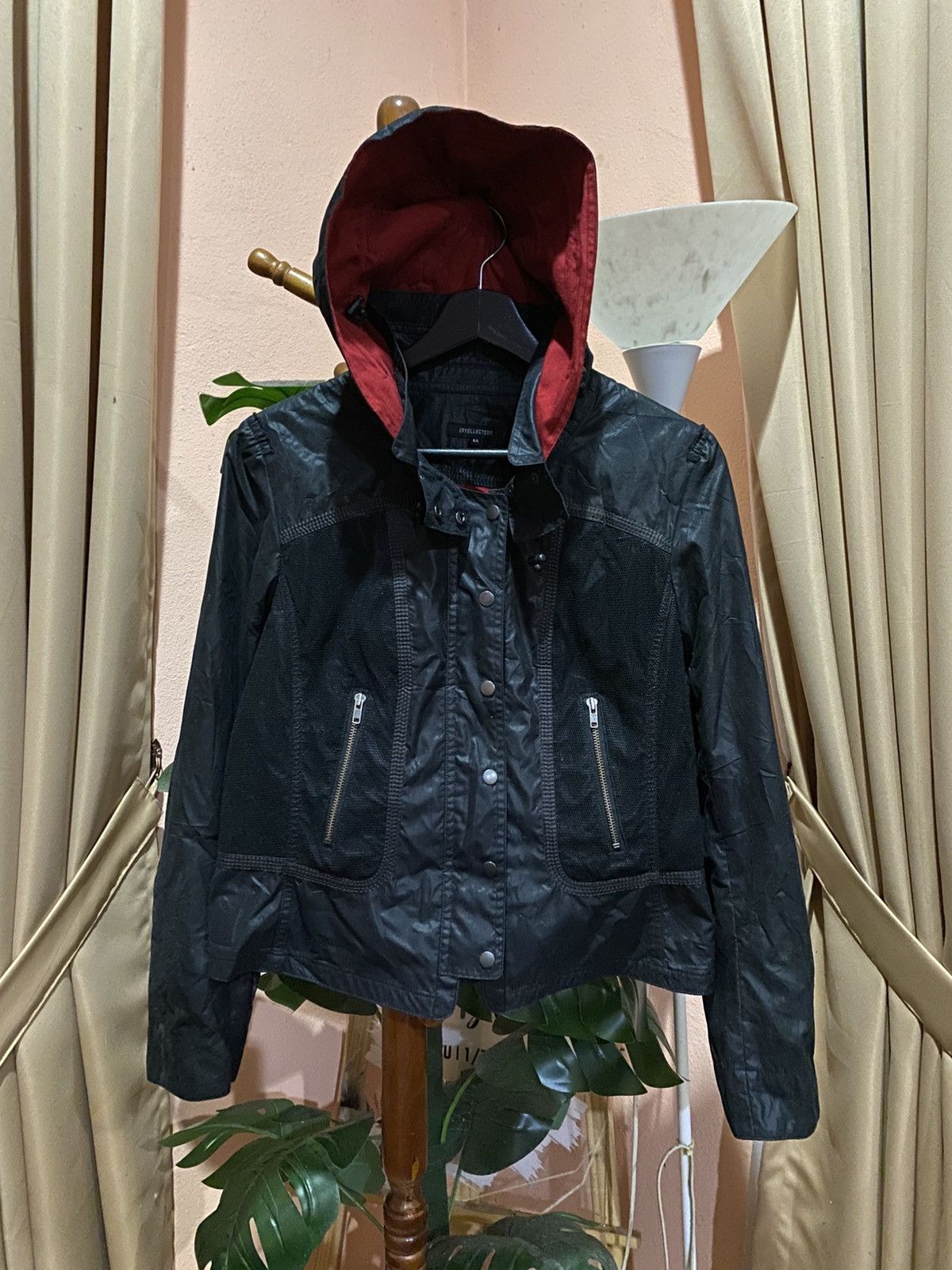 Japanese Brand Vintage INTELLECTION Black Hooded Moto Jacket | Red Lined Size M / US 6-8 / IT 42-44 - 3 Thumbnail