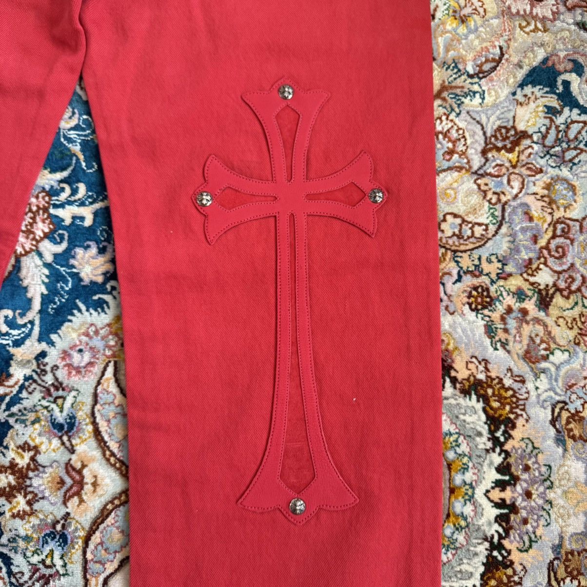 Chrome Hearts LEATHER CROSS SILVER DETAILED RED DYED VINTAGE LEVI ‘S JEANS Size US 34 / EU 50 - 6 Thumbnail