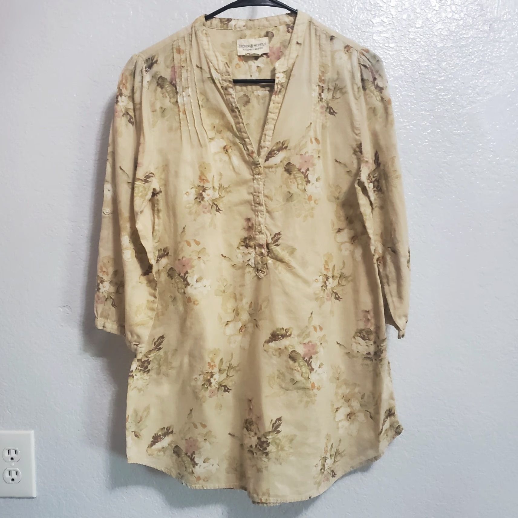 Vintage VINTAGE Denim & Supply Ralph Lauren Women Top Tan Floral Sheer 3/4 Sleeve Boho Size S Size S / US 4 / IT 40 - 2 Thumbnail