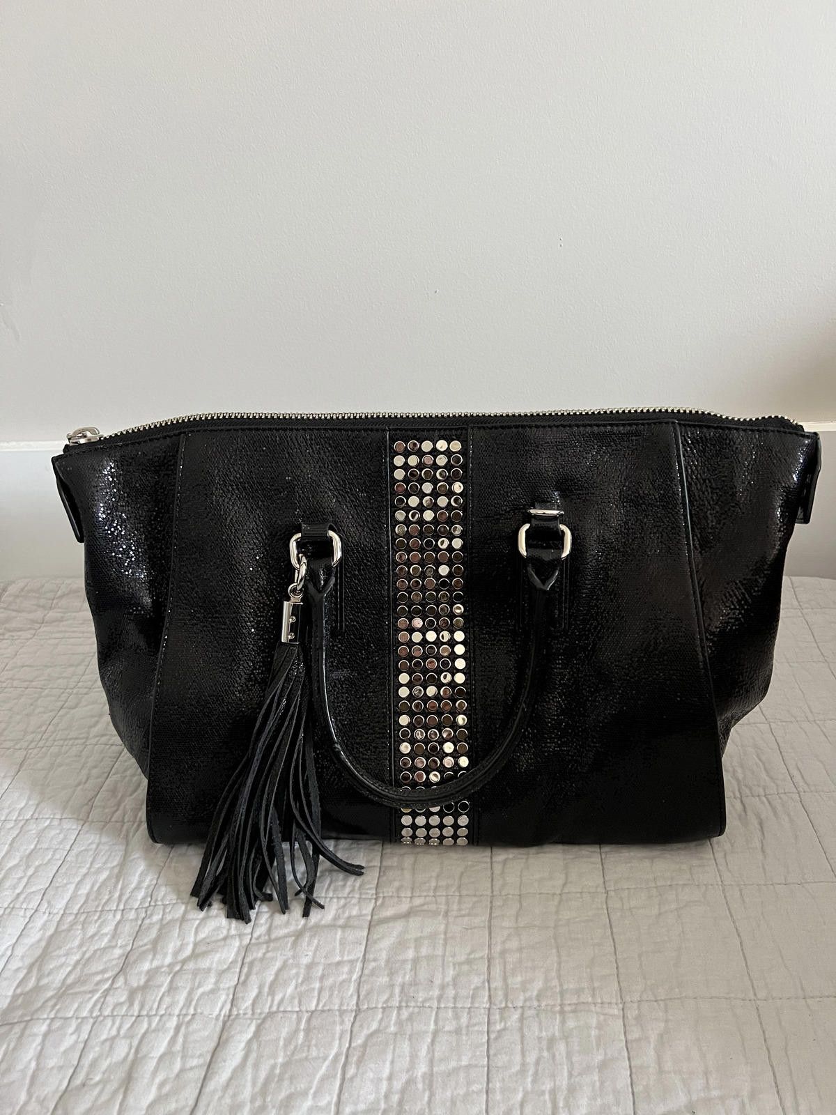 MILLY Milly Black Studded Pebbled Leather Tassel Tote Bag Size ONE SIZE - 2 Thumbnail