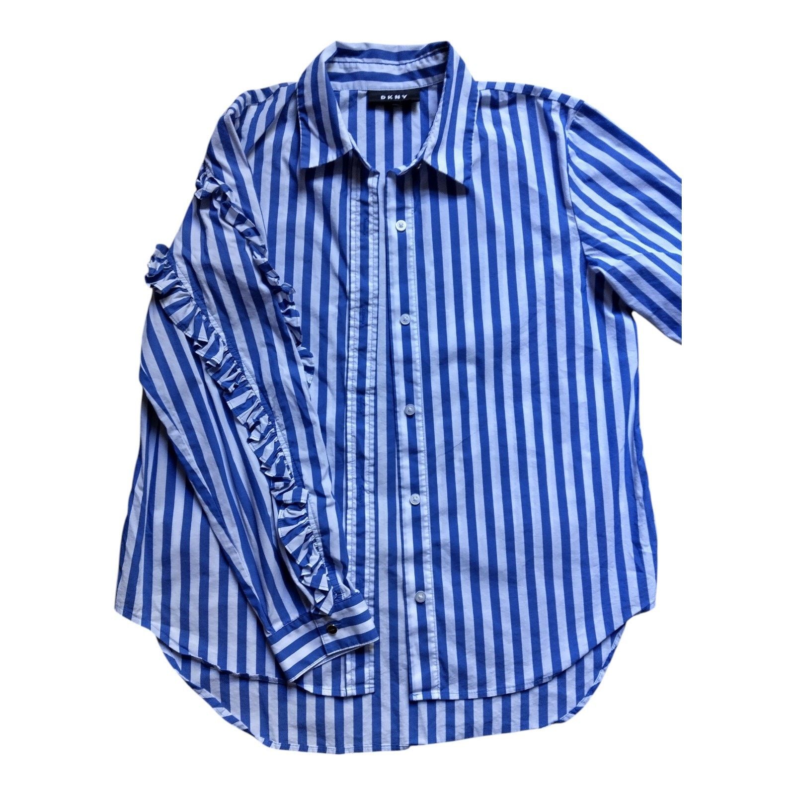 DKNY Women's DKNY Blue/White Striped Ruffle Sleeve Button Down Size M / US 6-8 / IT 42-44 - 6 Thumbnail