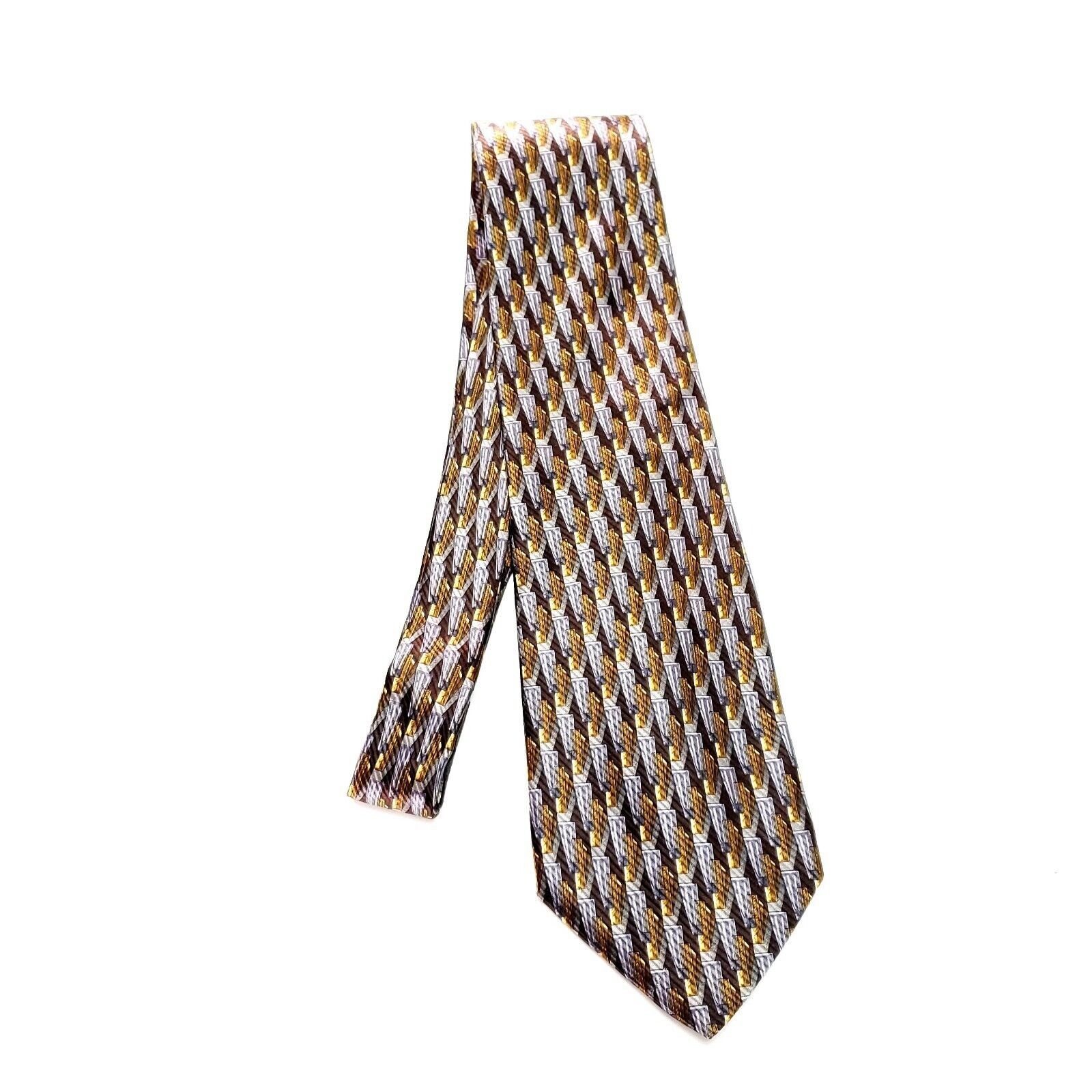 Valentino Valentino Grey & Gold Silk Tie Woven Short Wide Motif Satin Size ONE SIZE - 8 Thumbnail