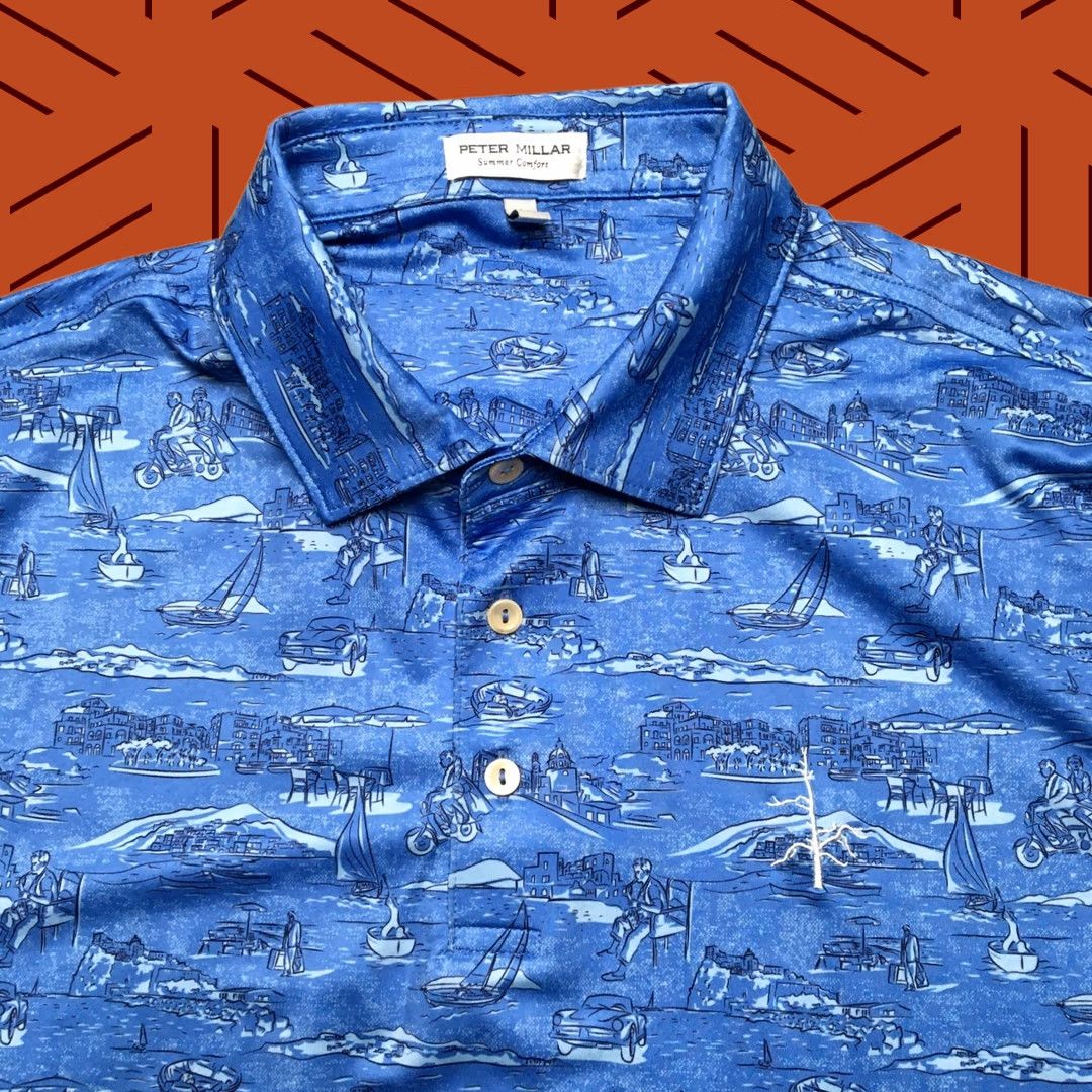 Peter Millar Peter Millar Italian Escape Jersey Print Polo Mens L Blue Coast Beach AOP Golf Modern Preppy Summer Comfort Crown Crafted Shirt Mens L Blue Size US L / EU 52-54 / 3 - 1 Thumbnail