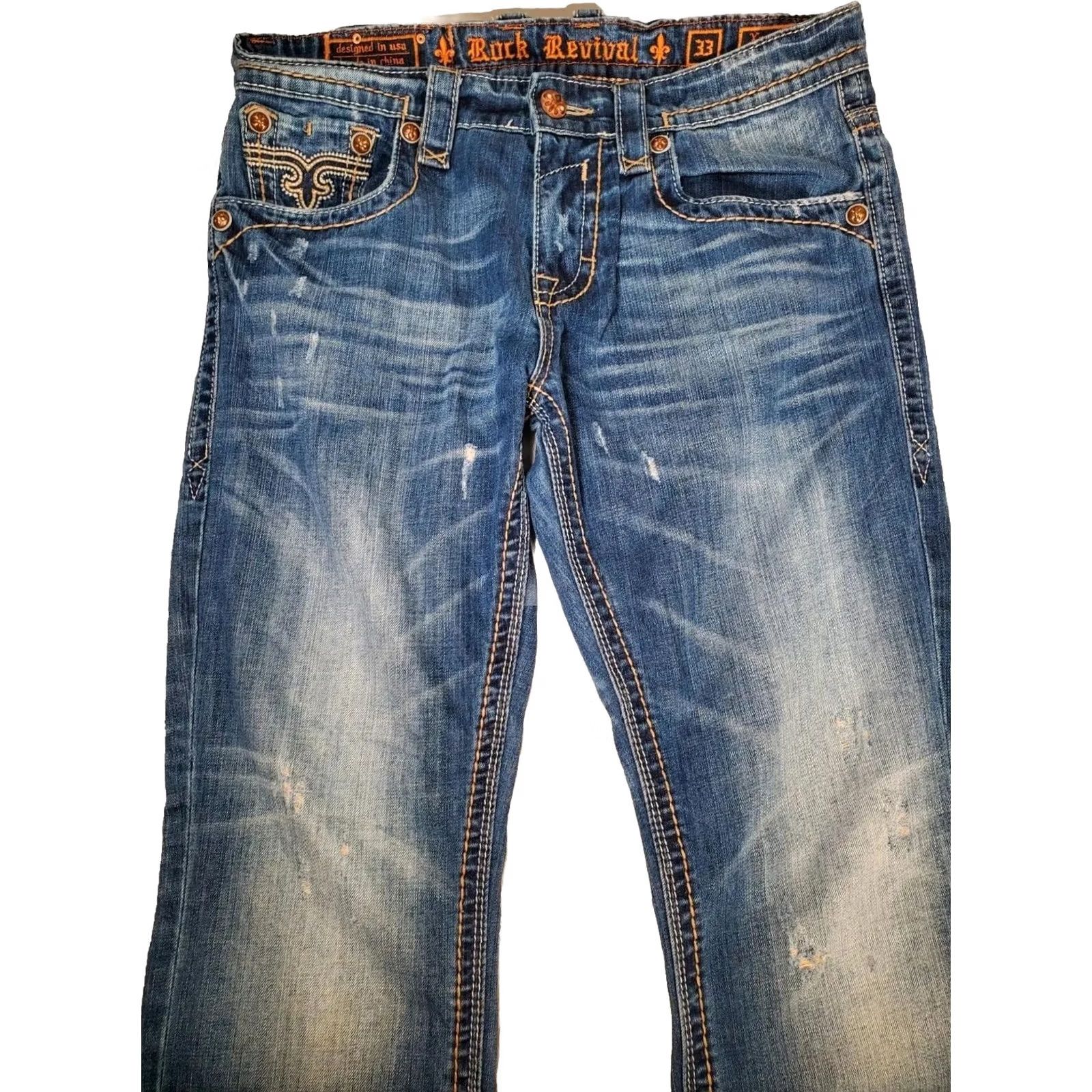 Vintage Rock Revival Xavier Straight Jeans Blue Distressed Embroidered Button Pockets Men's 33 Jeans Size US 33 - 2 Thumbnail