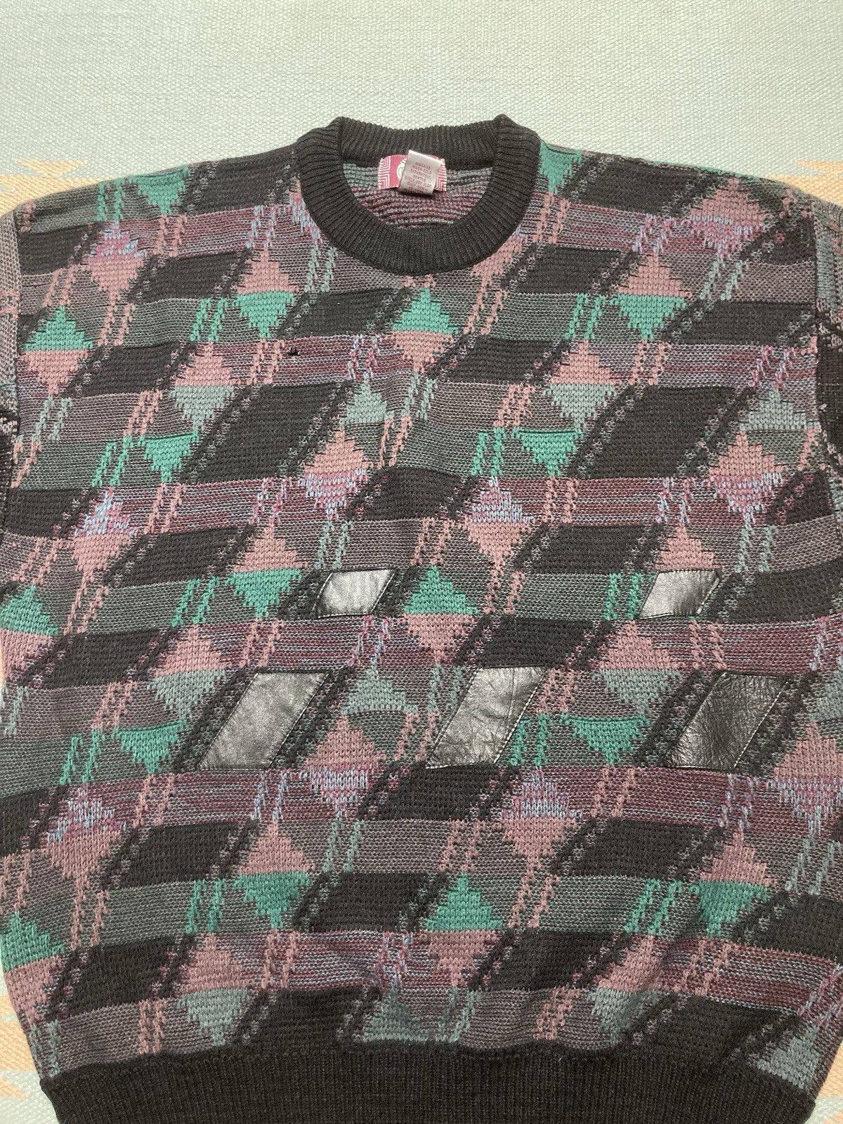 Vintage Vtg knit sweater acrylic wool geometric abstract leather XL Size US XL / EU 56 / 4 - 2 Thumbnail
