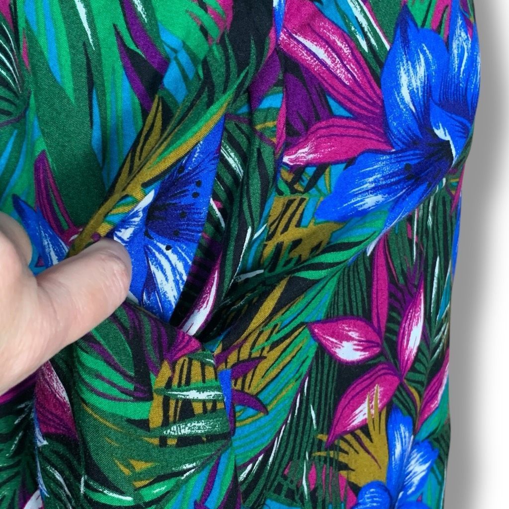 Vintage 90s Maxi Dress Tropical Print Black Magenta Pink Blue Floral  Sleeveless