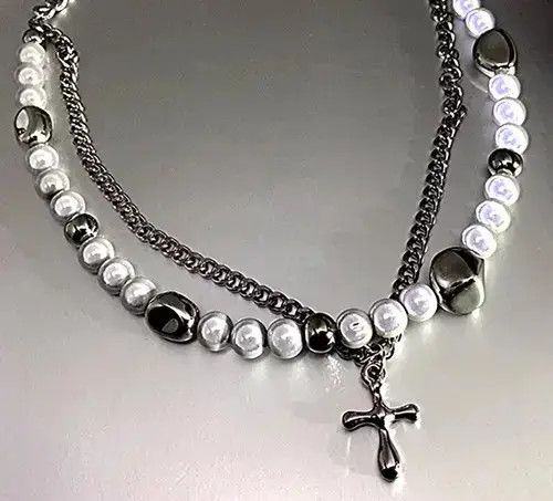 Vintage Punk Hippie Crucifix Cross Patchwork Pearl Layer Necklace Size ONE SIZE - 4 Thumbnail