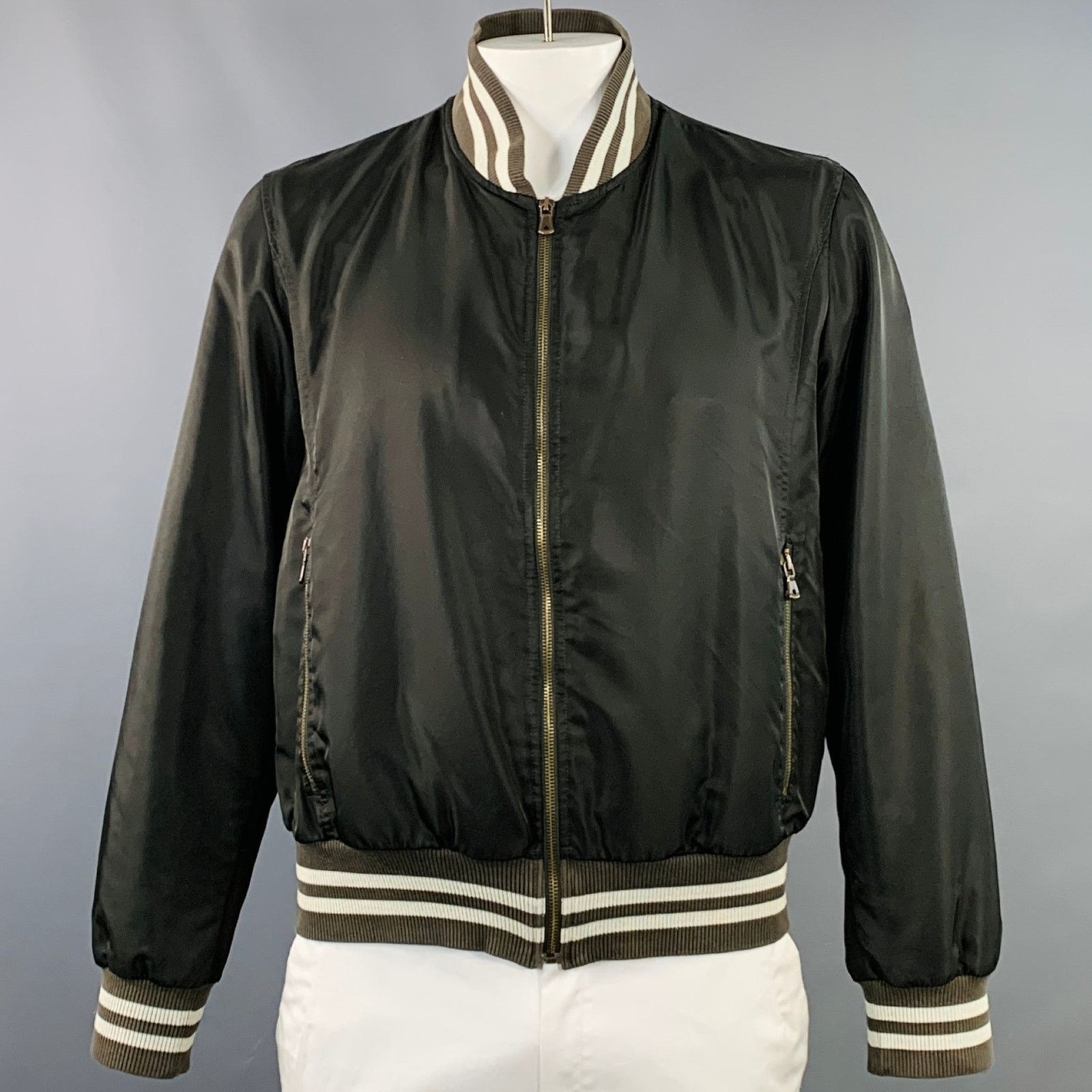 Size L Black Brown Cream Nylon Zip Up Bomber Jacket