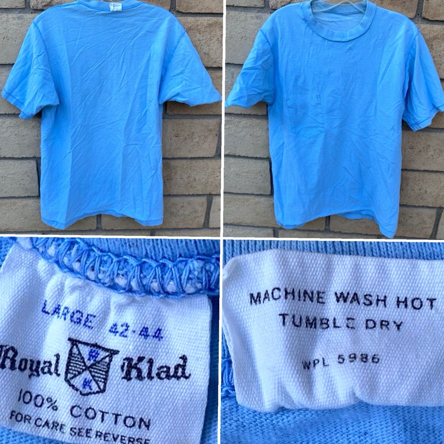 Vintage VINTAGE Royal Klad T-Shirt Pocket Tee Blue Cotton Short Sleeve L Mens Distressed Fade Holes Stain Stamp RN 5986 Size US L / EU 52-54 / 3 - 5 Thumbnail