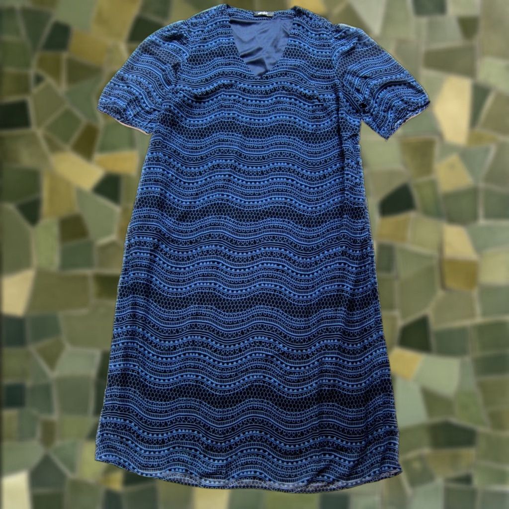 Vintage eShakti Maxi Dress Geometric Blue Black Sheer Short Sleeve V-Neck Pocket Long XL Size 40" / US 18 - 1 Thumbnail