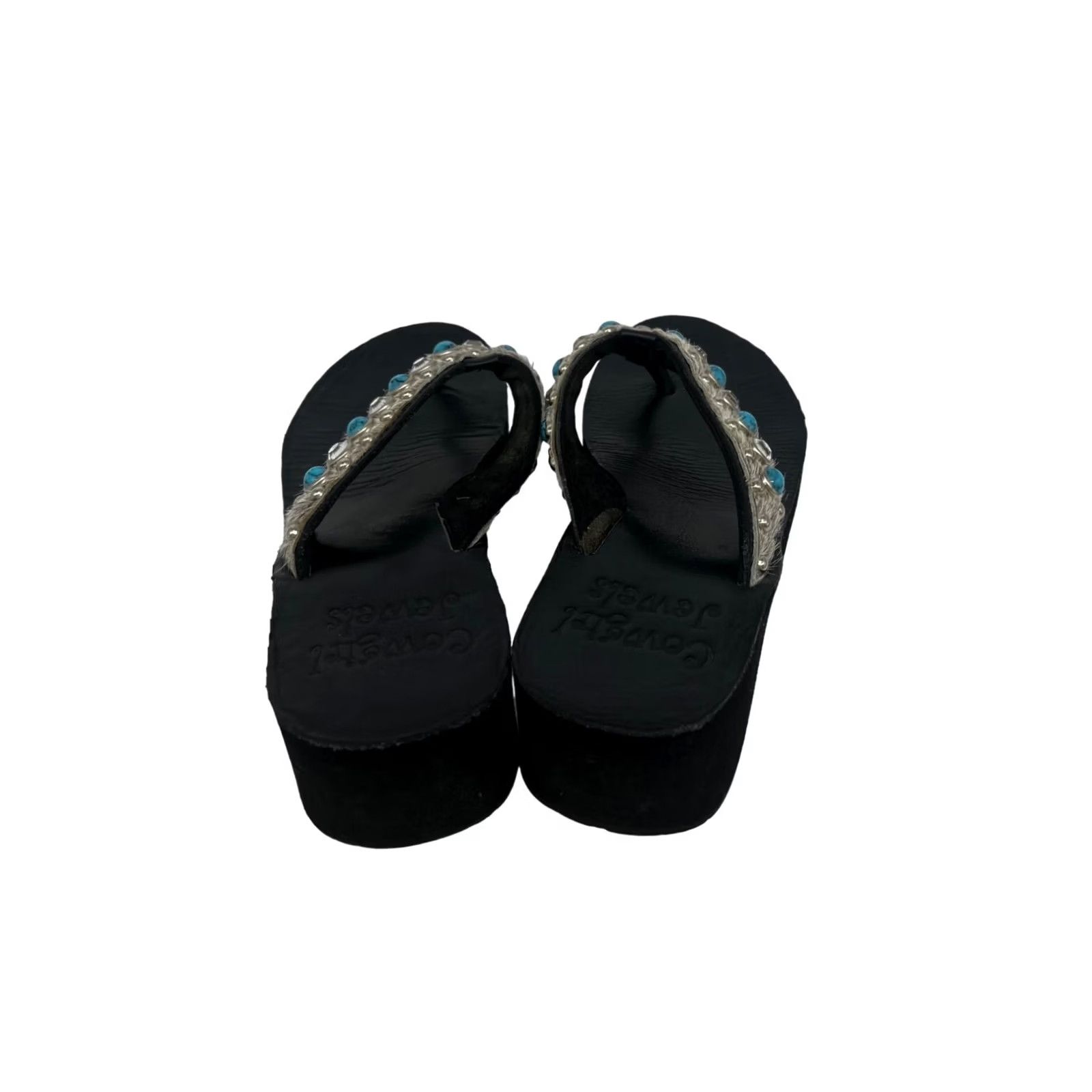 Vintage VINTAGE Women’s Sandal Platform Black 9.5 Strappy Cowboy Jewels Womens 9.5 Black Turquoise Gems Fur 1.5" Like New Size US 10 / IT 40 - 2 Thumbnail