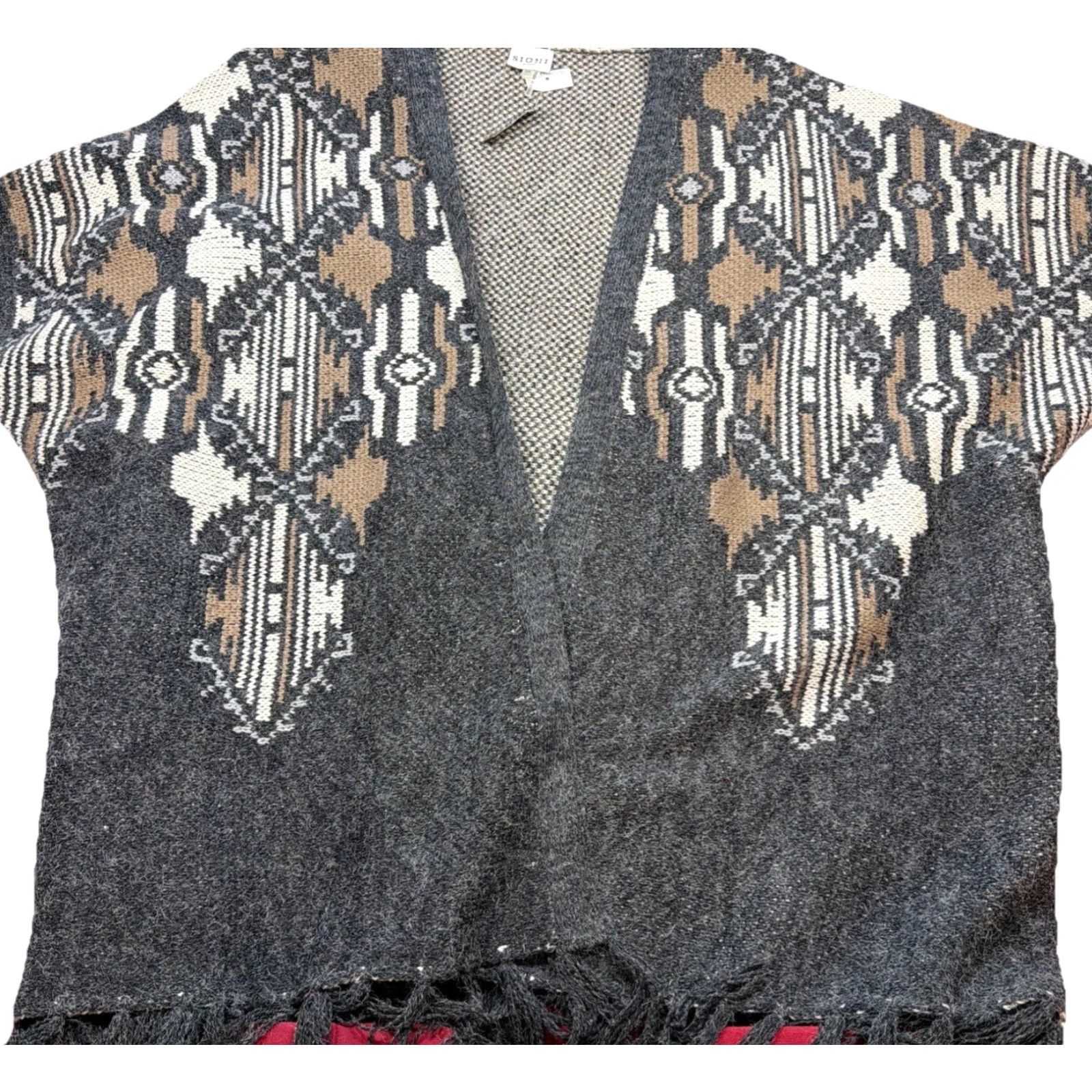 Vintage Sioni Cardigan Geometric Fuzzy Knit Open Front Fringe Slouchy 3XL Gray Tan White Womens Sweater Bohemian Artsy Tribal Open Cardigan Size XXL / US 16-18 / IT 52-54 - 2 Thumbnail