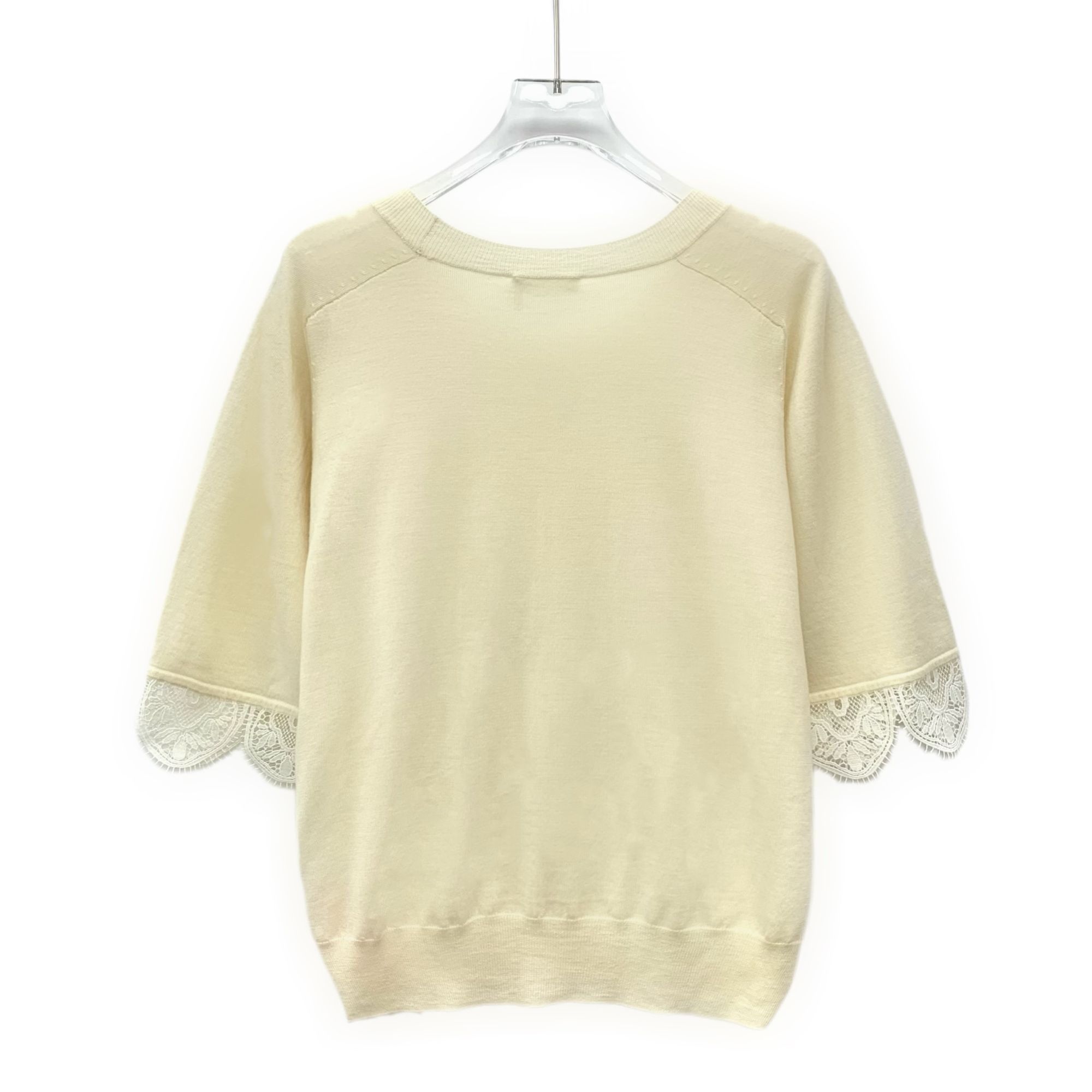 Chloe Chloé Beige Woolen Lace-Trim Round-Neck Short-Sleeve Knitted Size XS / US 0-2 / IT 36-38 - 7 Thumbnail
