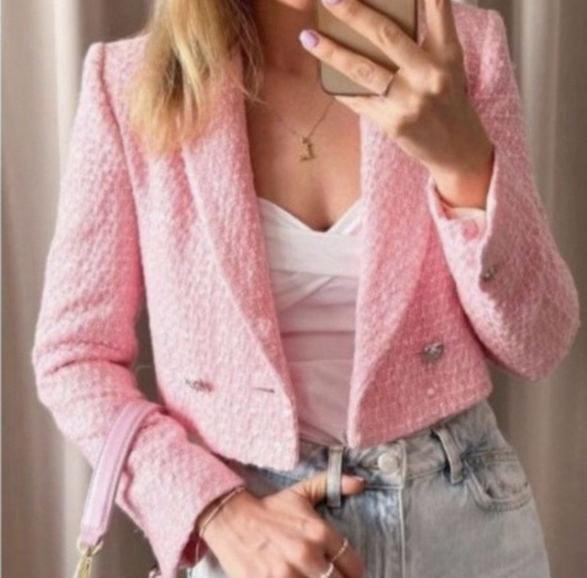 Zara FauxFur Cropped Blazer top Textured Pink and Blue Size Medium and Large