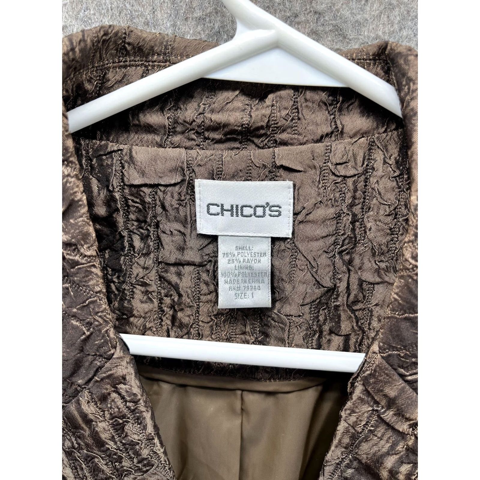 Vintage Chico's Blazer Womens 1 Brown Textured Taffeta Button Front Lined Short Evening Jacket Size 25" / US 0 / IT 36 - 2 Thumbnail
