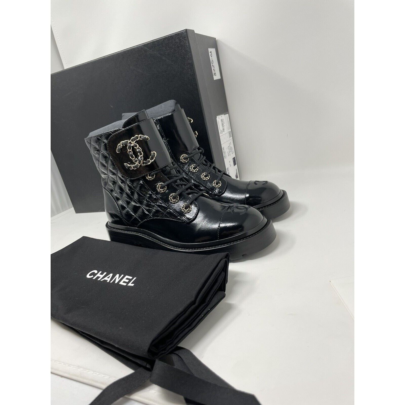 Chanel Chanel Brave Leather Quilted Combat Boots Patent Black 37.5 Size US 7.5 / IT 37.5 - 3 Thumbnail