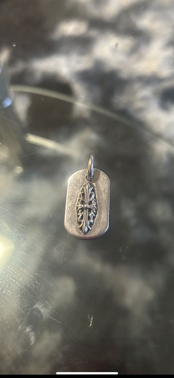 image of Chrome Hearts Raised Floral Dog Tag Pendant in Silver, Men's
