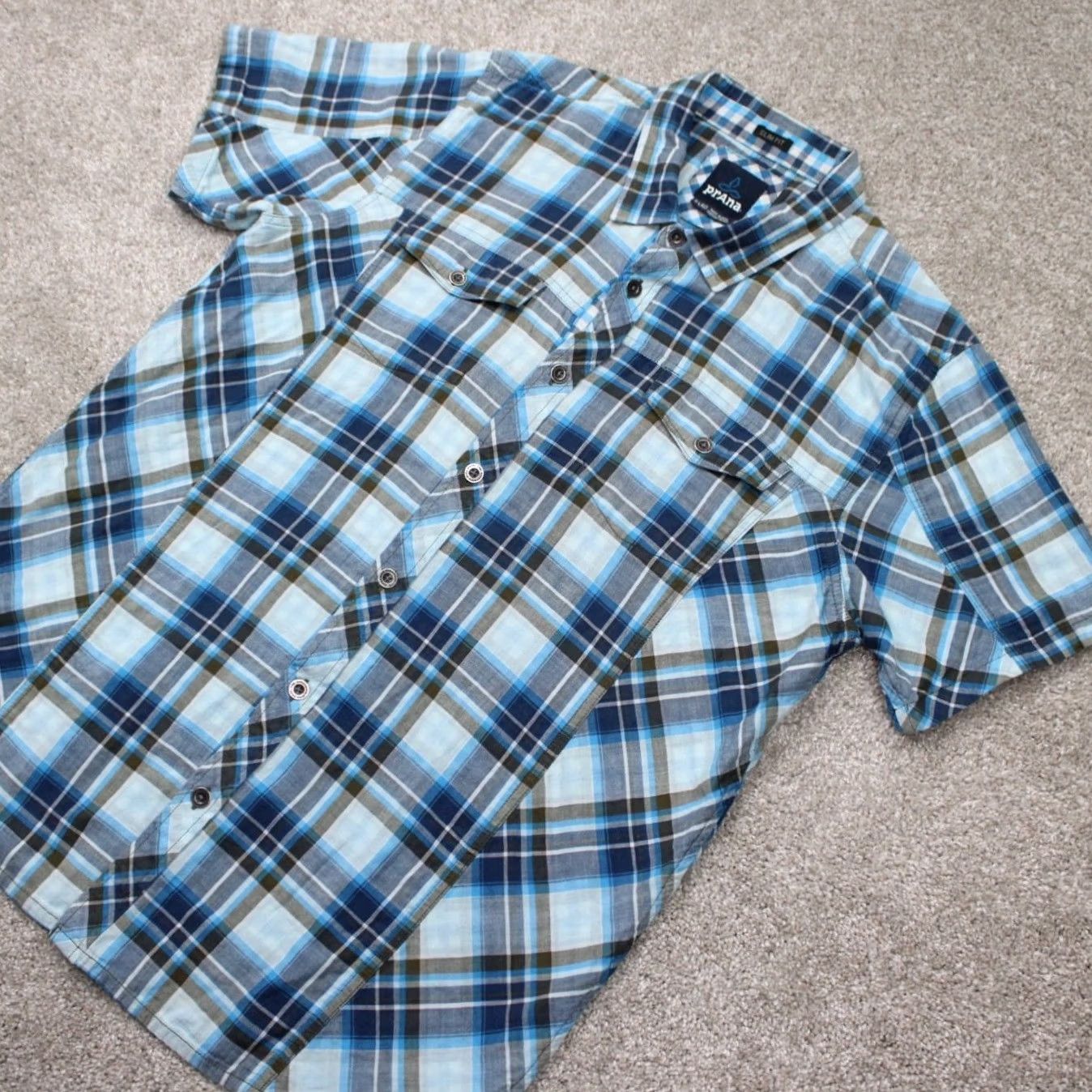 Prana prAna Zoltan Shirt Men XL Blue/White Slim Fit Organic Cotton Short Sleeve Button-Up Shirt Size US XL / EU 56 / 4 - 3 Thumbnail