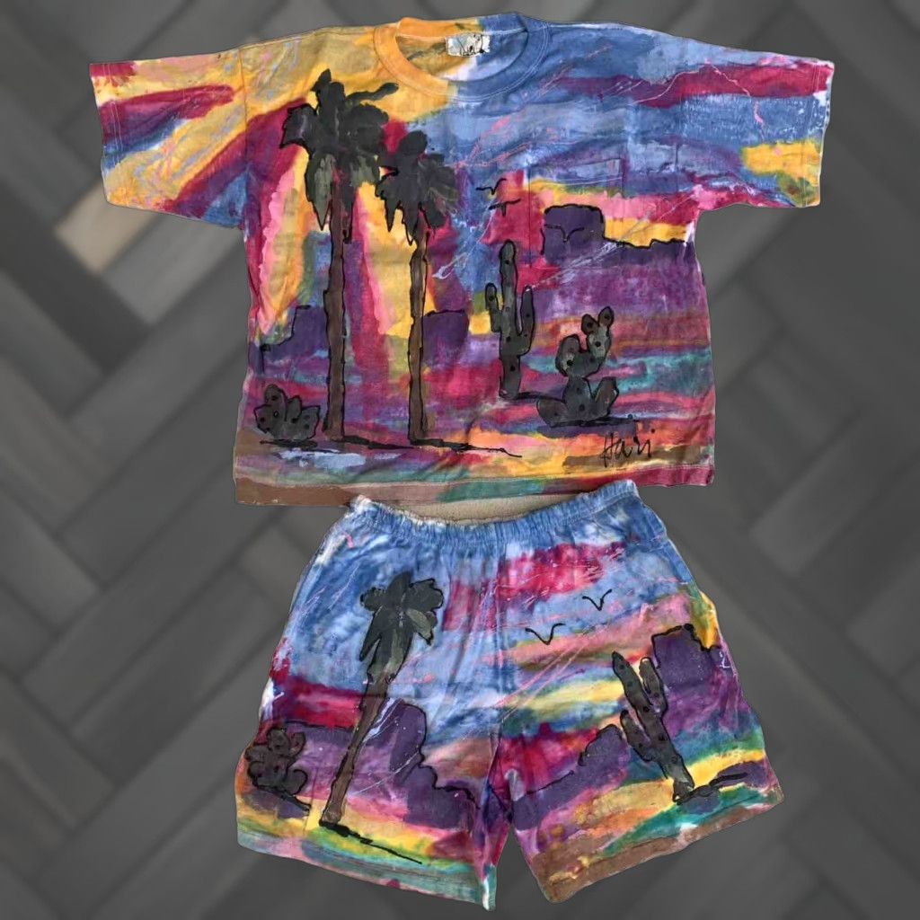 VINTAGE Hari Cactus Cacti Palm Tree Desert Wearable Art T Shirt Shorts Set 1993 1990s Multi-Color Cotton Sportswear/Beach