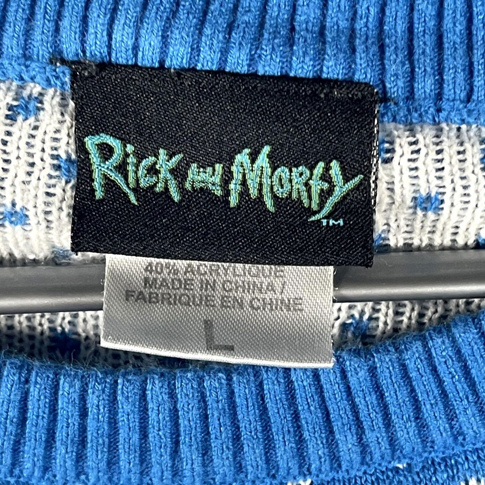 Vintage Rick and Morty Sweater Mens Large Blue Black Graphic Print Crew Neck Pullover Wubba Lubba Dub Dub Knit Wool Cotton Mix Size US L / EU 52-54 / 3 - 4 Thumbnail