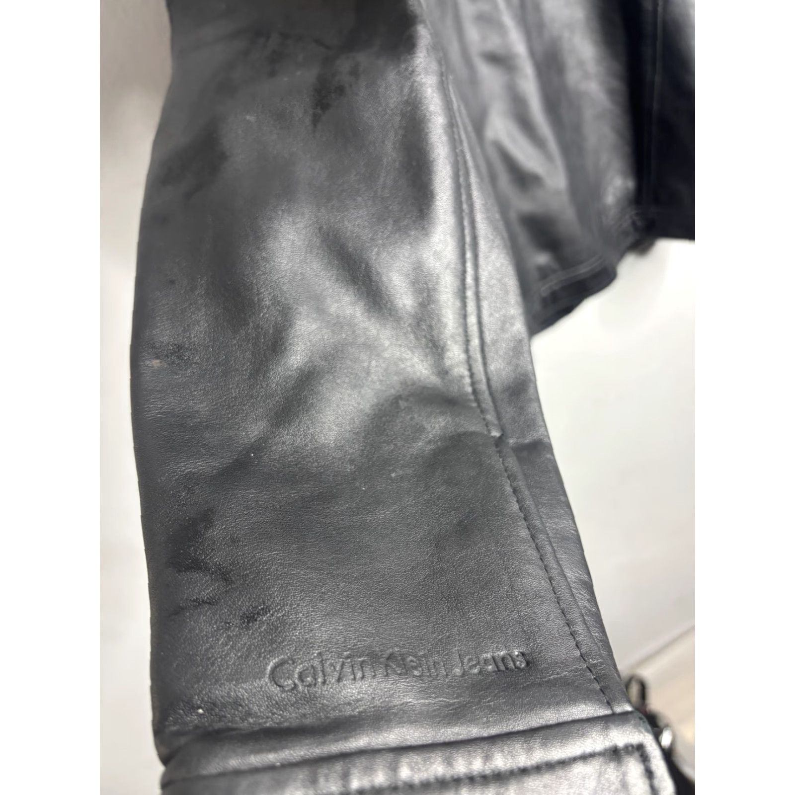 Vintage Calvin Klein Jeans Jacket Womens Medium Black Leather Moto Full Zip Biker Collar Size 32" / US 10 / IT 46 - 6 Thumbnail