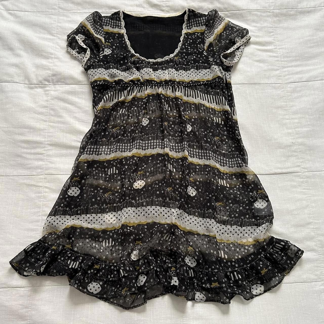 Designer Franche Lippie Black White Dot Floral Sheer Babydoll Dress, Women's (Size Small)