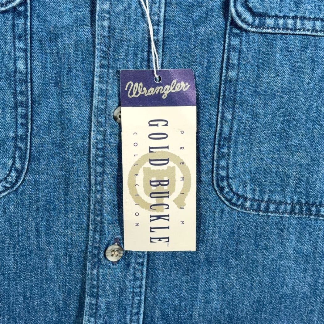 Wrangler VINTAGE Wrangler Shirt Adult MEDIUM Blue Denim Gold Buckle Deadstock Tags 90s Size US M / EU 48-50 / 2 - 6 Thumbnail
