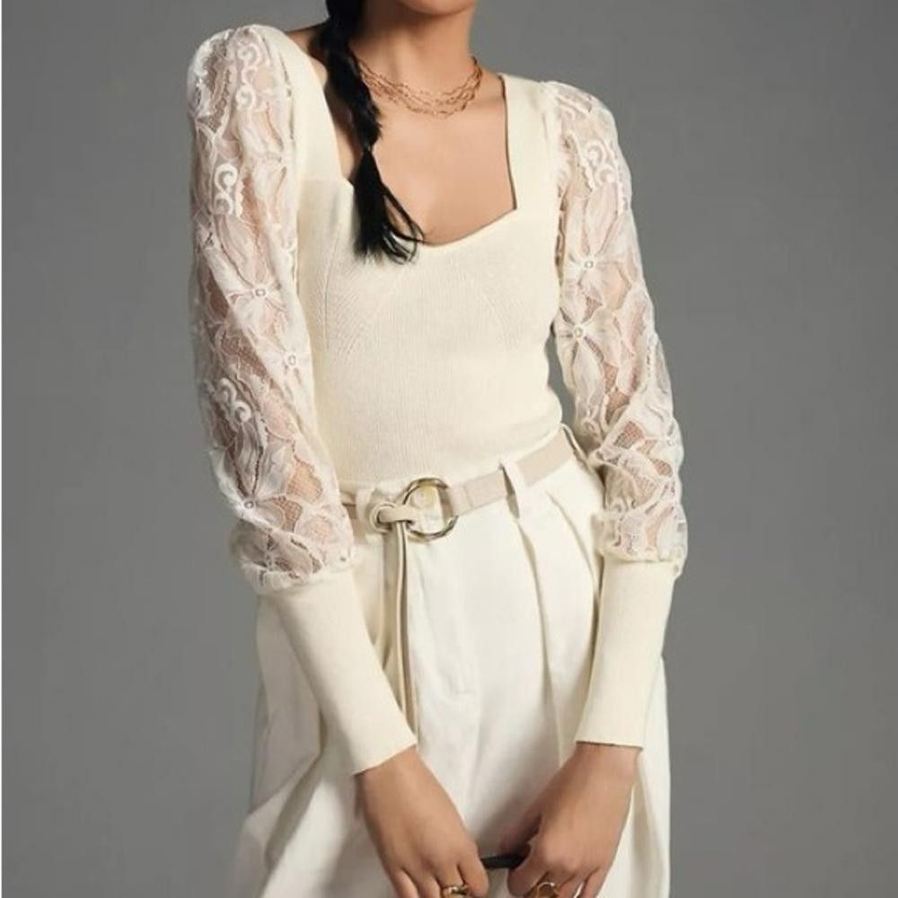 Designer Anthropologie Lace Balloon Sleeve Ribbed Sweater Ivory XS Size XS / US 0-2 / IT 36-38 - 1 Thumbnail