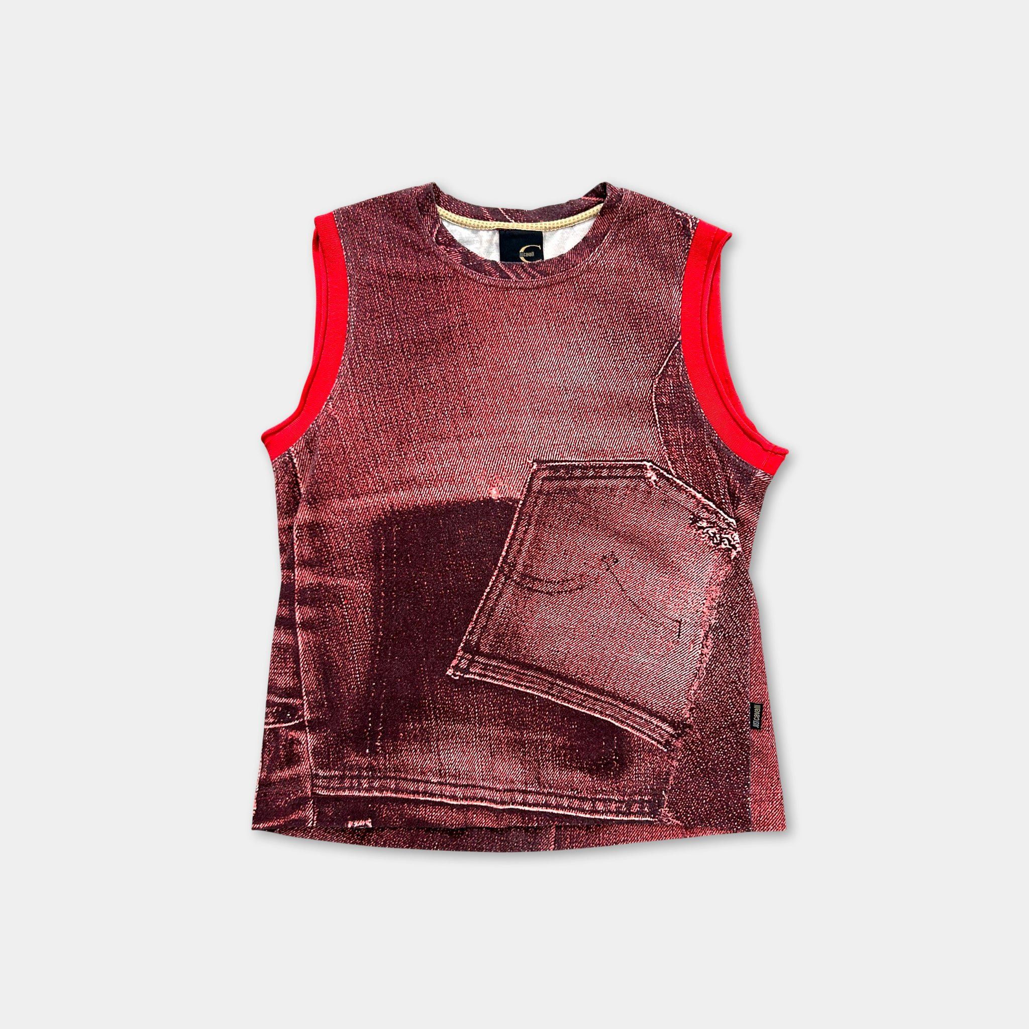 Roberto Cavalli Just Cavalli Red Denim Pattern Sleeveless T-Shirt Size S / US 4 / IT 40 - 1 Thumbnail