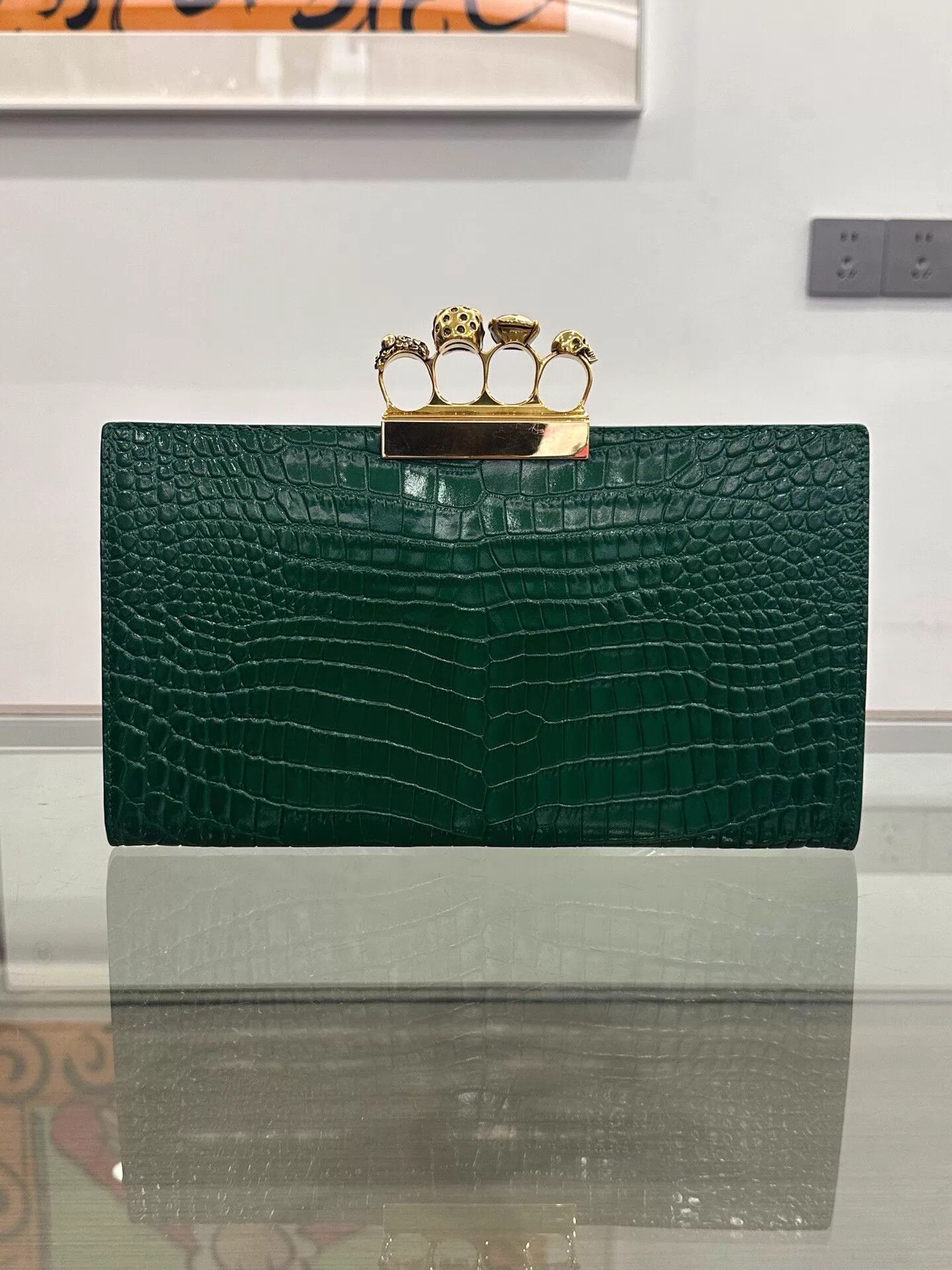Alexander McQueen AMQ Gold 4F Skull Swarovski Green Croc Clutch 99New Size ONE SIZE - 2 Thumbnail