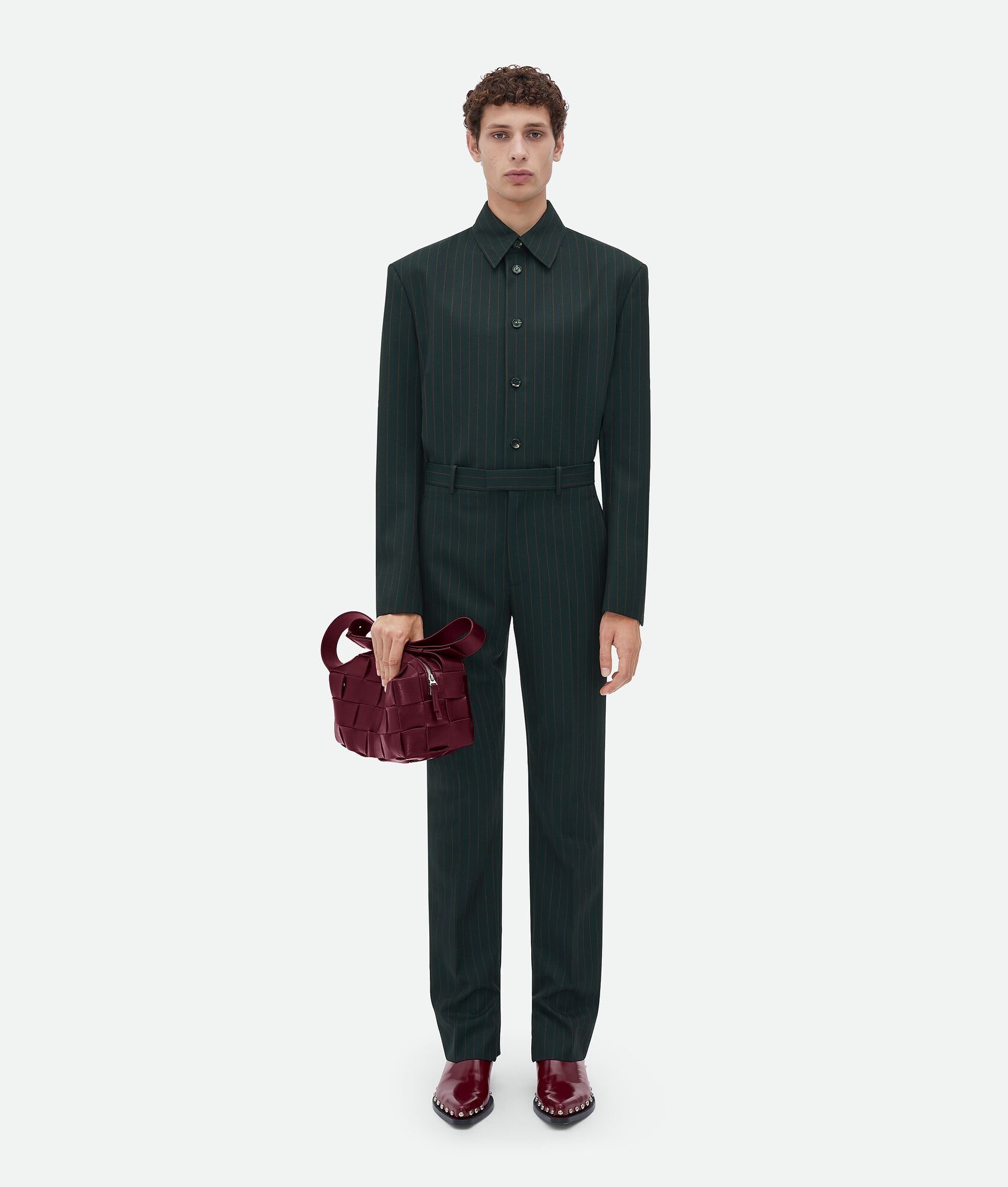 Bottega Veneta o1n1vont1224 Wool Pinstripe Shirt Jacket in Dark Green Size US M / EU 48-50 / 2 - 4 Thumbnail