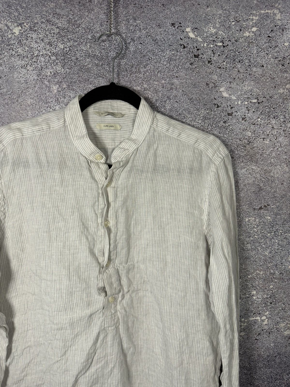 Suitsupply Suitsupply Shirt Gray Stripe Pure Linen Band Collar Popover Size US M / EU 48-50 / 2 - 2 Thumbnail