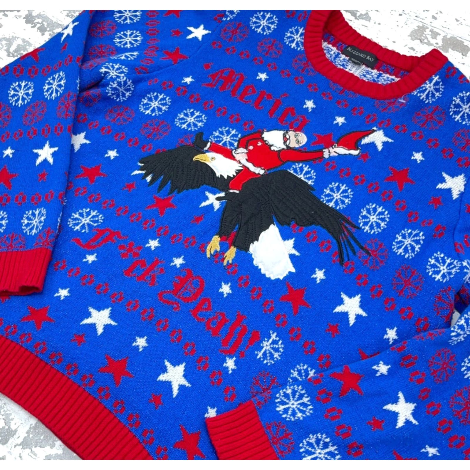 Vintage Blizzard Bay Christmas Sweater Men XXL Blue Red White Santa Jesus Eagle Rodeo Size US XXL / EU 58 / 5 - 2 Thumbnail
