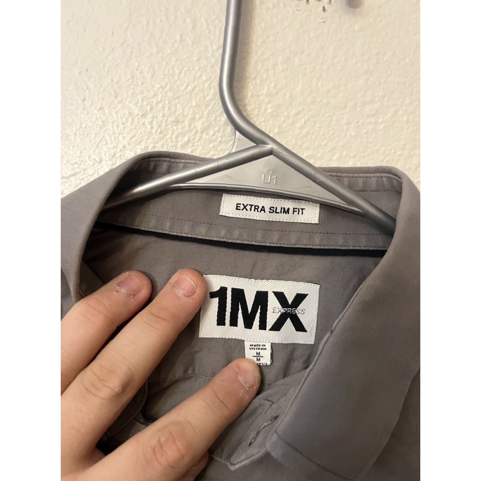 Express Express Dress Shirt Mens Medium Gray 100% Cotton Extra-Slim Solid Long Sleeve Button Collar Shirt 1MX Size 40R - 2 Thumbnail