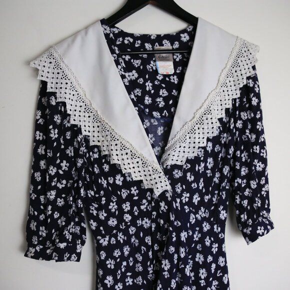 Vintage Vintage Floral 80s Collar Lace Trim Midi Dress Size 7/8 Size M / US 6-8 / IT 42-44 - 2 Thumbnail