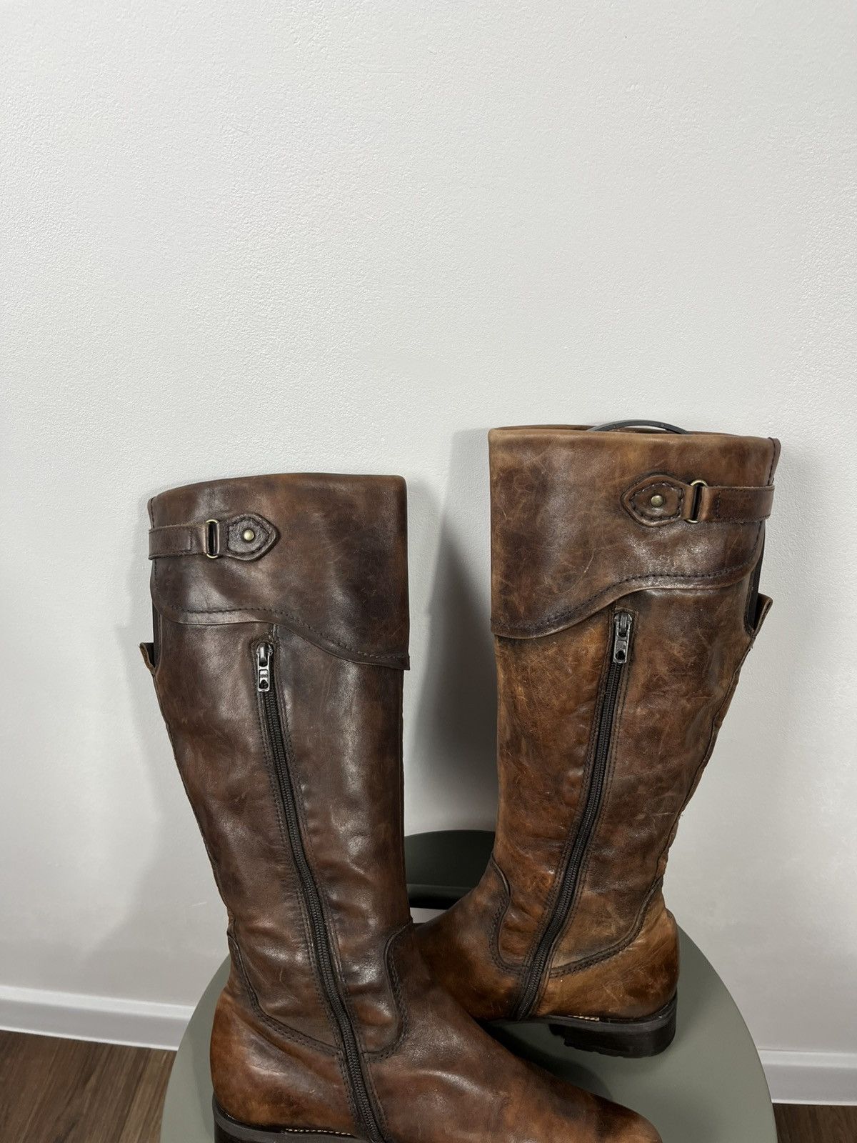 Leather Brown Leather Tall Boots Buckle Strap Zip Closure EU 39 Size US 8.5 / IT 38.5 - 18 Thumbnail