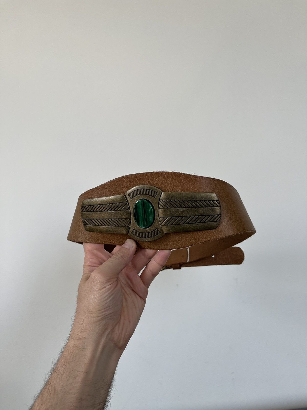 Cowboy Equipment × Vintage Vintage Aztec Mayan Leather Wide Belt Malachite Gemstone Size ONE SIZE - 11 Thumbnail