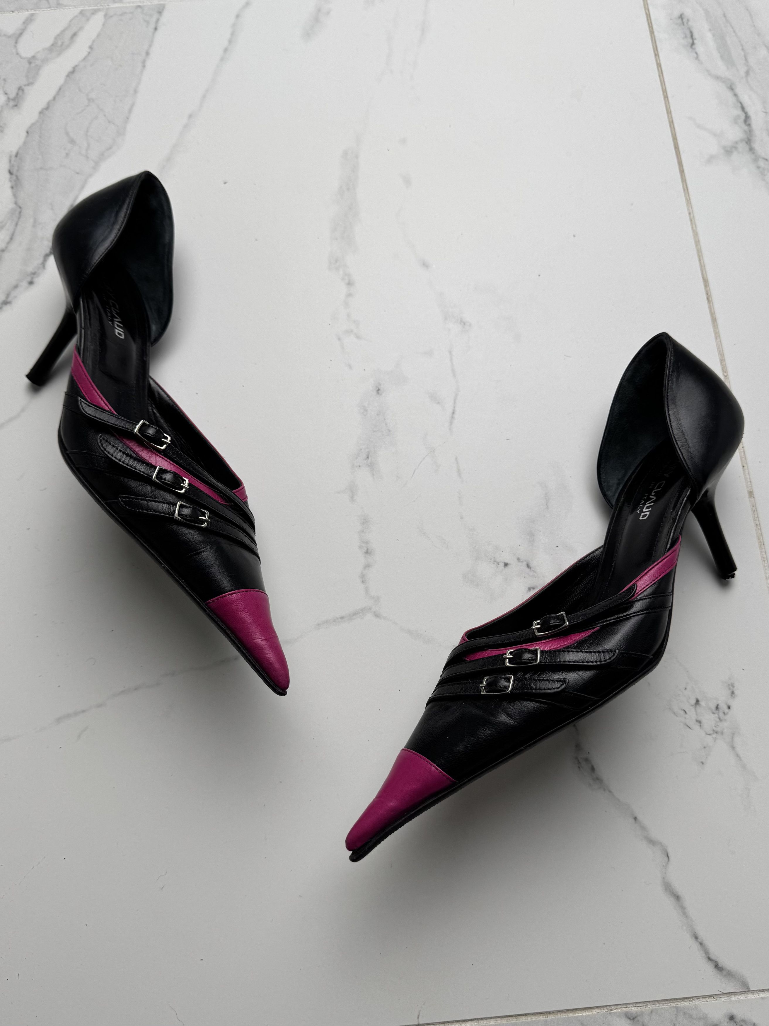 Other Vintage Black Pink Pointed Toe Stiletto Heels Buckle Pumps Size US 7 / IT 37 - 2 Thumbnail