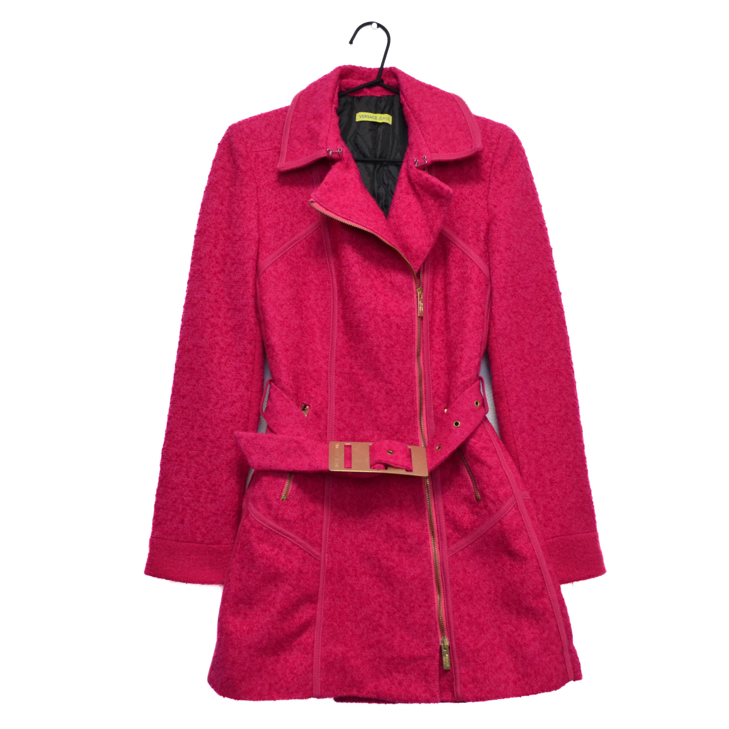 Versace Jeans Virgin Wool Cotton Pink Belted Women's Coat