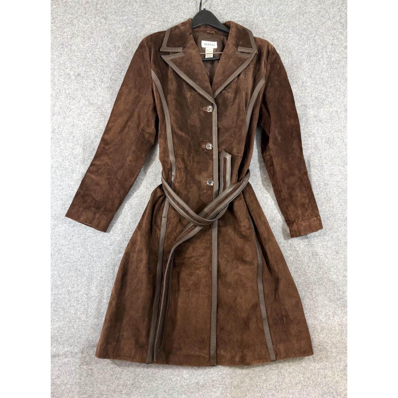Alfani Alfani Trench Coat Womens L Brown Genuine Leather Lined Belt Waist Notch Lapel Three Button Front Coat Size L / US 10 / IT 46 - 3 Thumbnail