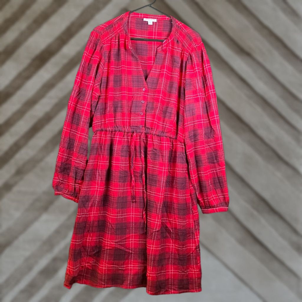 Vintage Knox Rose Womens Dress Red Plaid Pull Over V Neck Half Button Down Stretch XL Shirt Dress Long Sleeve Casual Travel Workwear Size XL / US 12-14 / IT 48-50 - 1 Thumbnail