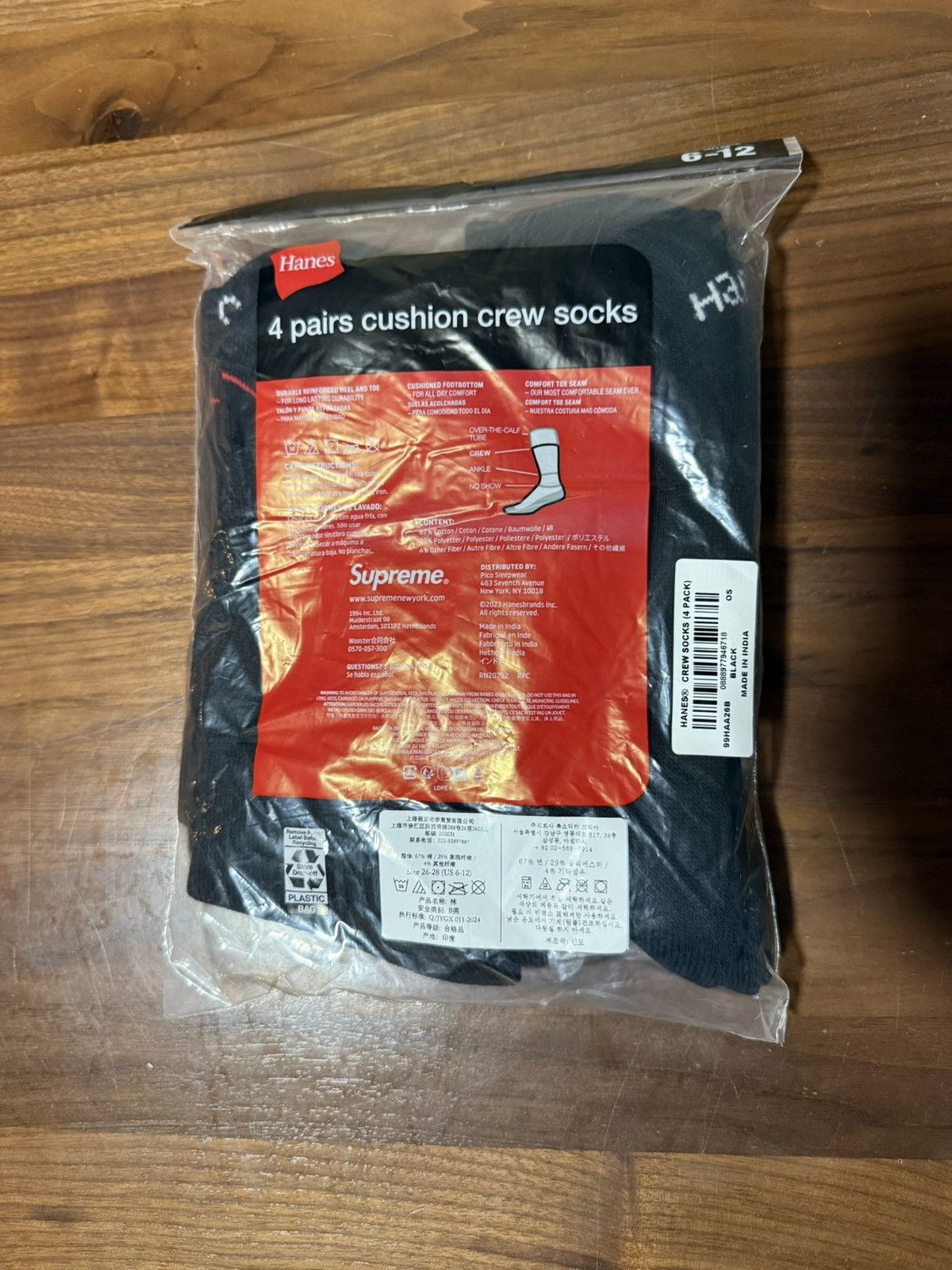Hanes × Supreme SUPREME®/HANES® CREW SOCKS 4 PACK Black Cotton Blend Size ONE SIZE - 4 Thumbnail