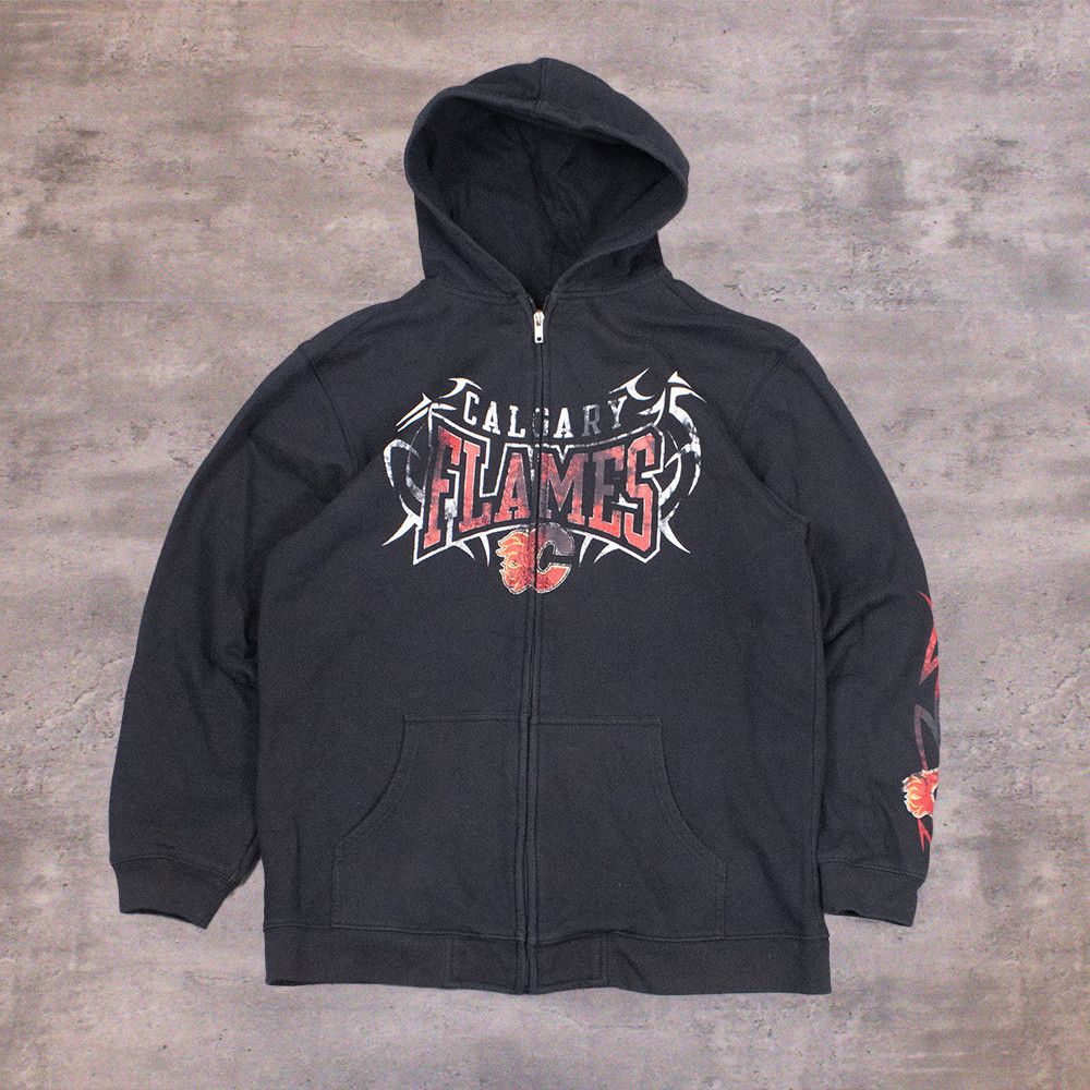 NHL Y2K 2000’s Reebok Calgary Flames Metal Logo Black Zip Hoodie Size US M / EU 48-50 / 2 - 1 Thumbnail