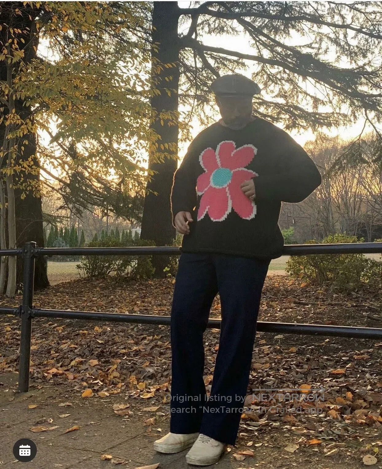 Japanese Brand Black Hand-Knitted Sweater with Pink Floral Design. Size L / US 10 / IT 46 - 2 Thumbnail